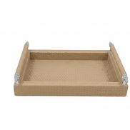 Beige 31 cm tray seen small and face on, handle rails level above the woven leather floor