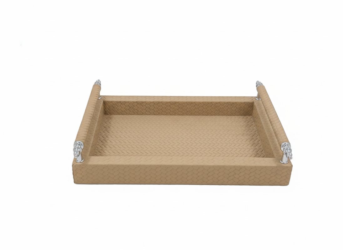 Beige 31 cm tray seen small and face on, handle rails level above the woven leather floor