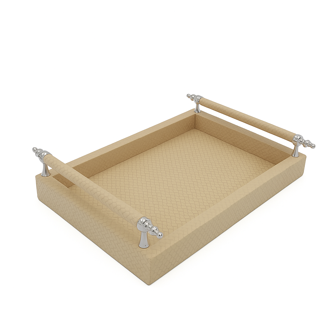 Beige 31 × 21 cm tray tilted toward the viewer, one leather-wrapped rail crossing the upper frame