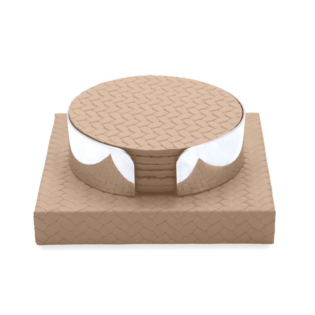 Pale sand set, the top coaster's plait level with the rim of the steel band