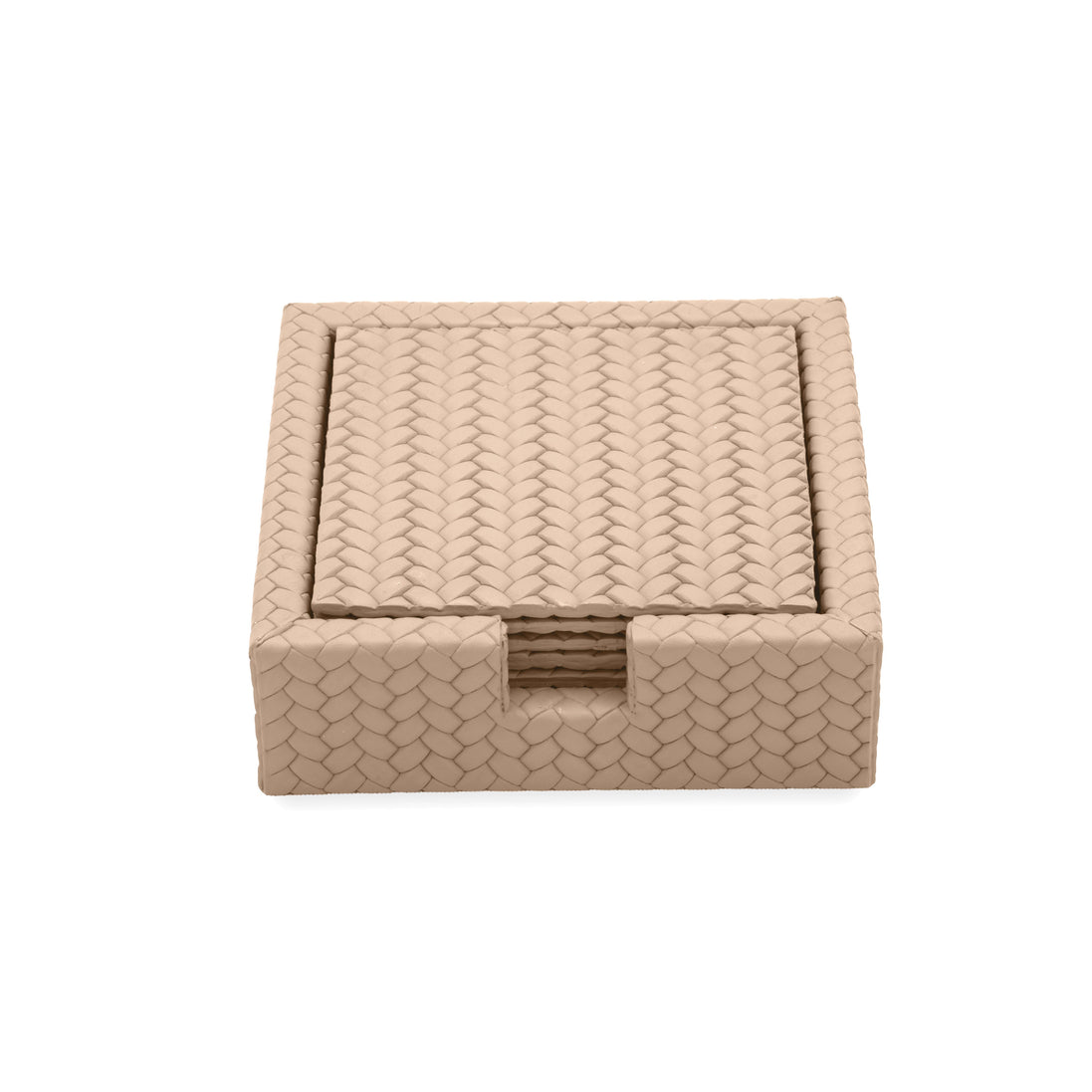 Pale sand leather coasters, the stack visible through the notch in the holder wall