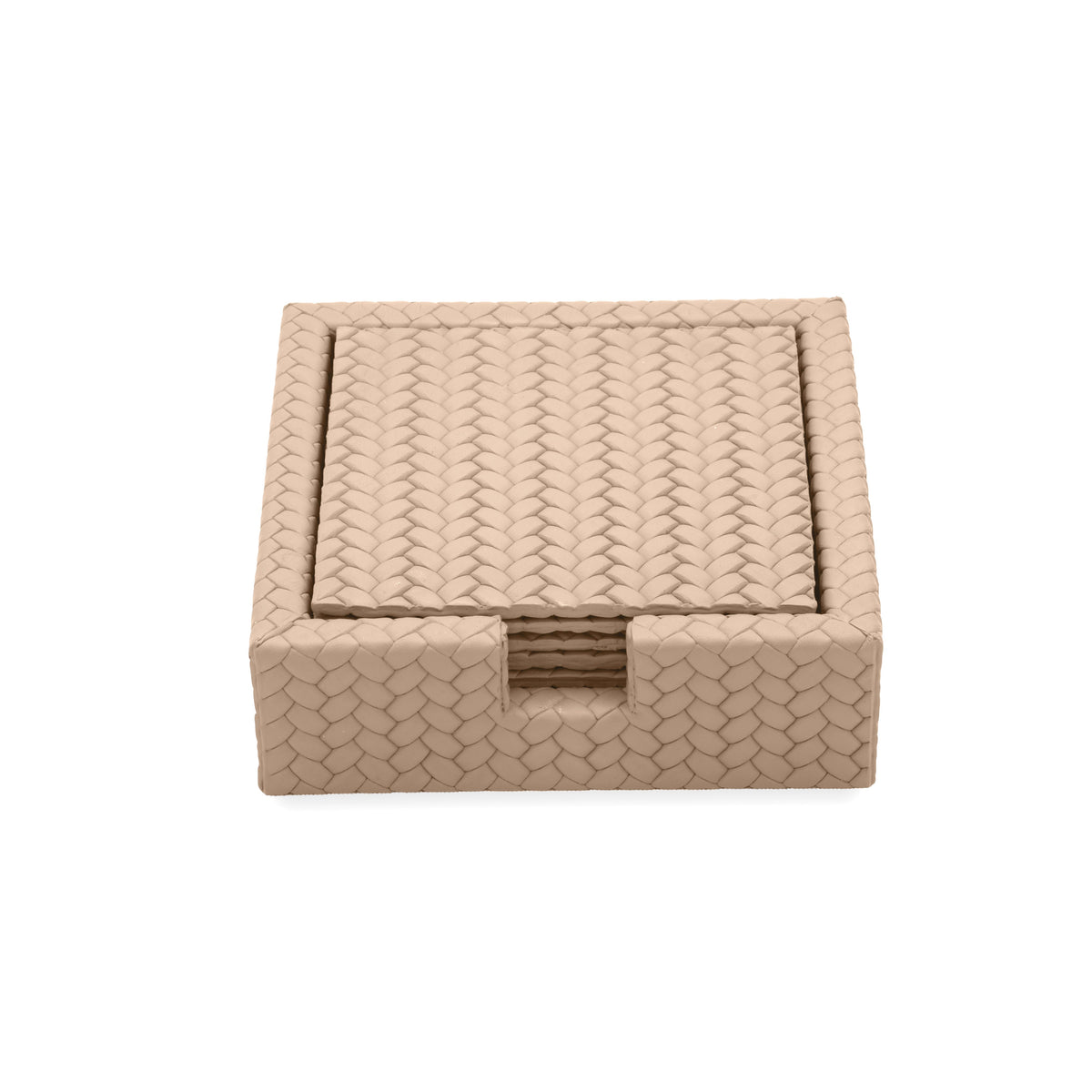 Pale sand leather coasters, the stack visible through the notch in the holder wall