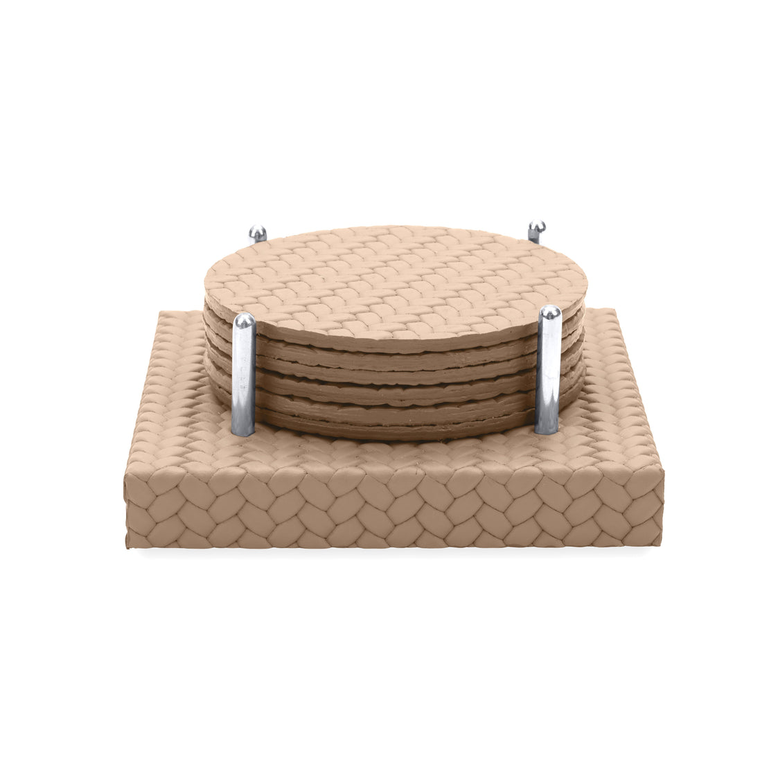 Beige coasters in their steel cradle, the square woven-leather base standing wider than the stack
