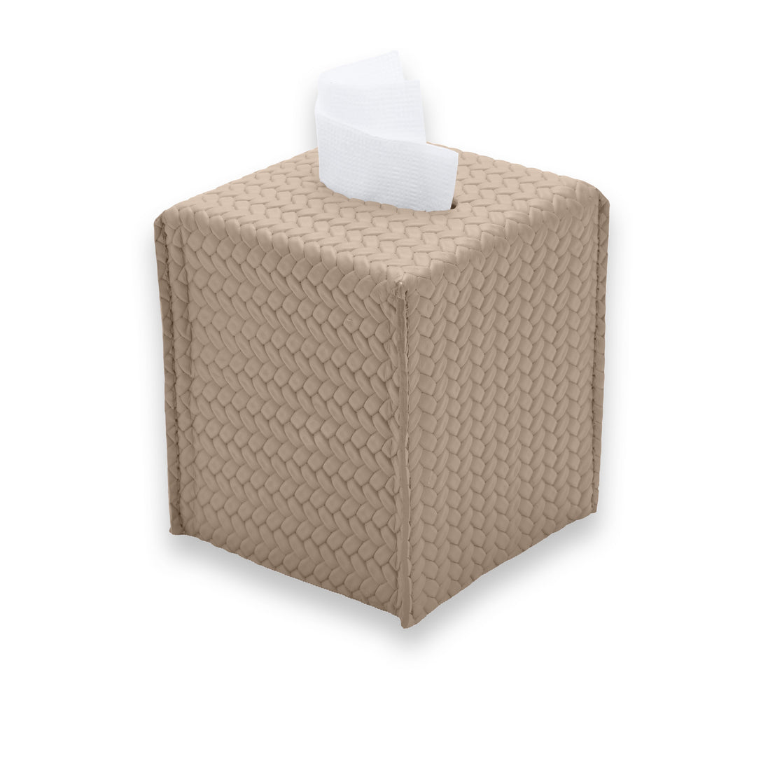 Pale beige cover, the lid standing proud of the 11.5 cm square body with a seam closing each corner
