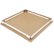 Beige 37 × 37 cm tray, pale woven-embossed leather within its four polished steel corner brackets