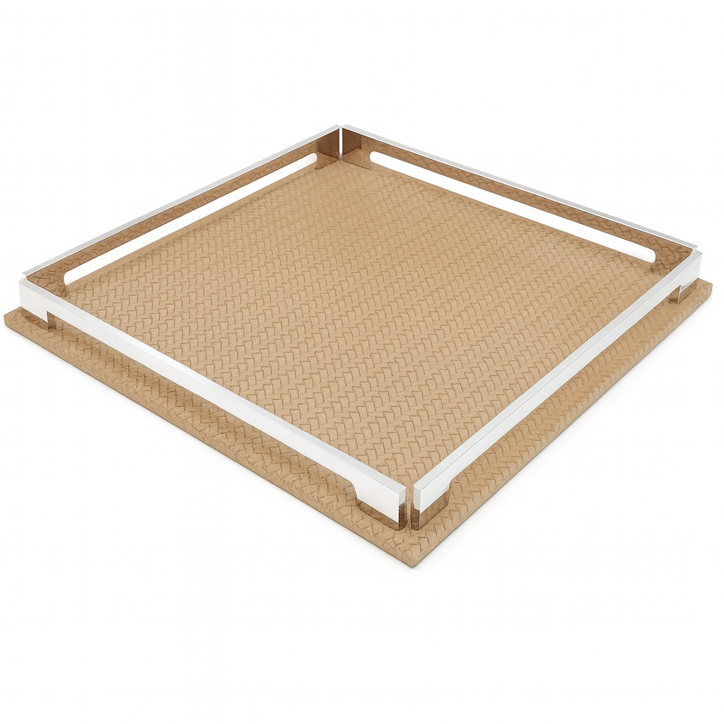 Beige 37 × 37 cm tray, pale woven-embossed leather within its four polished steel corner brackets