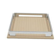 Beige 25 × 25 cm square tray face on, steel handle cut-out above the woven-embossed leather floor