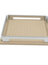 Beige 25 × 25 cm square tray face on, steel handle cut-out above the woven-embossed leather floor
