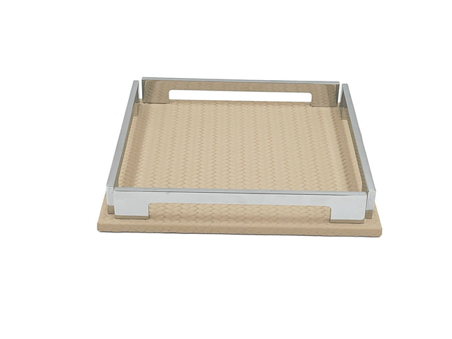 Beige 25 × 25 cm square tray face on, steel handle cut-out above the woven-embossed leather floor