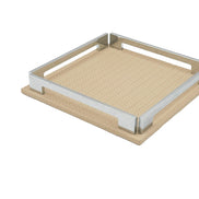 Beige 25 cm tray turned corner forward, the 1 cm leather base extending past the polished steel frame