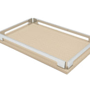 Beige 30 × 16 cm tray from above left, 1 cm leather base extending beyond the steel rails