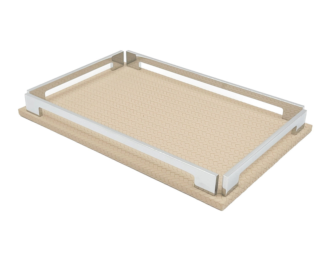 Beige 30 × 16 cm tray from above left, 1 cm leather base extending beyond the steel rails