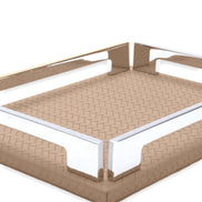 Beige tray corner, polished steel brackets rising from the woven-embossed leather floor