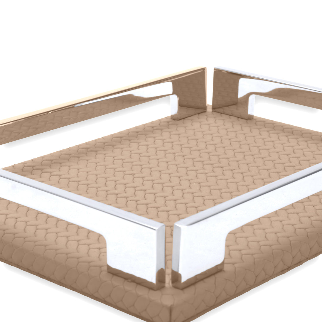 Beige tray corner, polished steel brackets rising from the woven-embossed leather floor