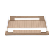 The beige 25 × 19 cm tray complete, handle rails raised above the 1 cm leather base