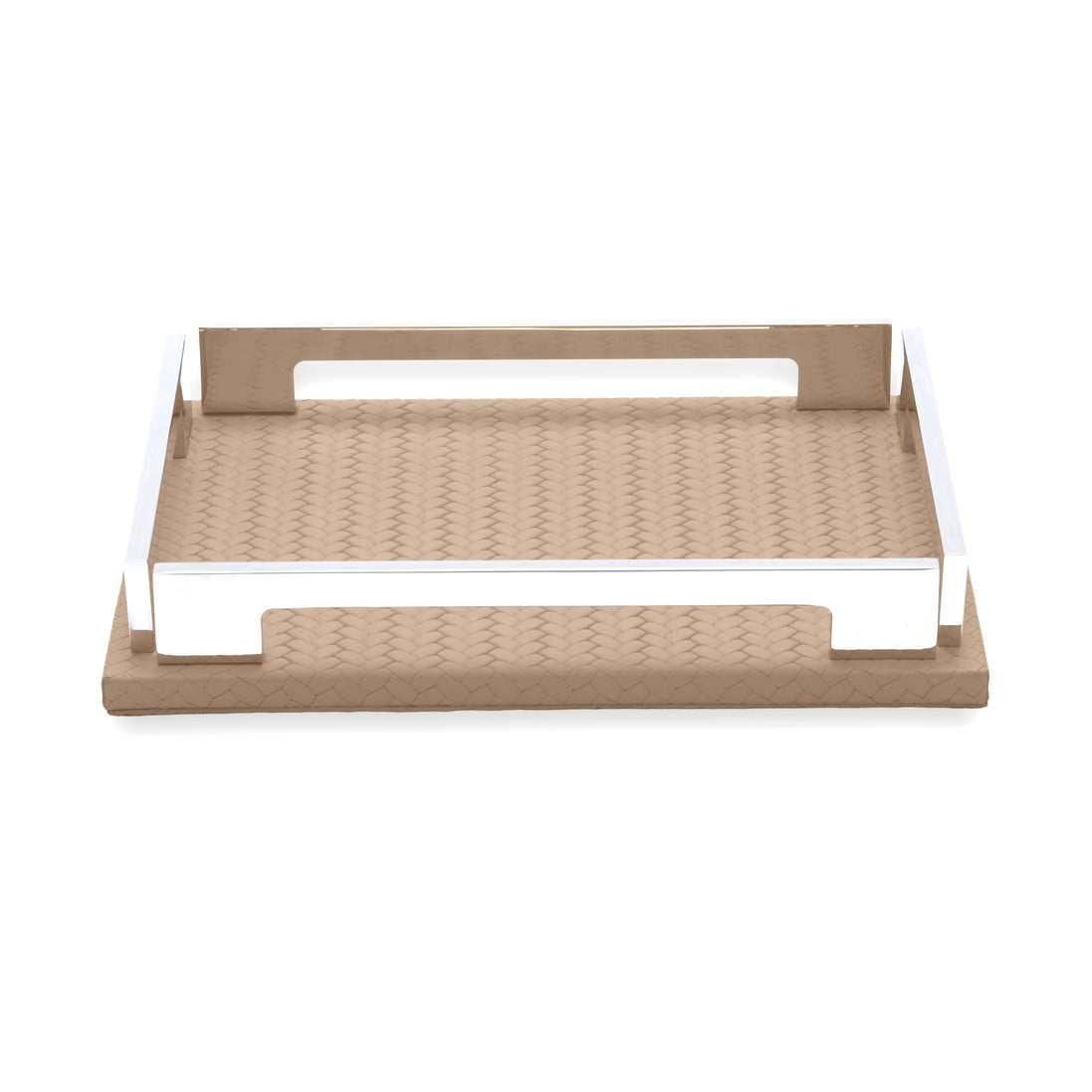 The beige 25 × 19 cm tray complete, handle rails raised above the 1 cm leather base
