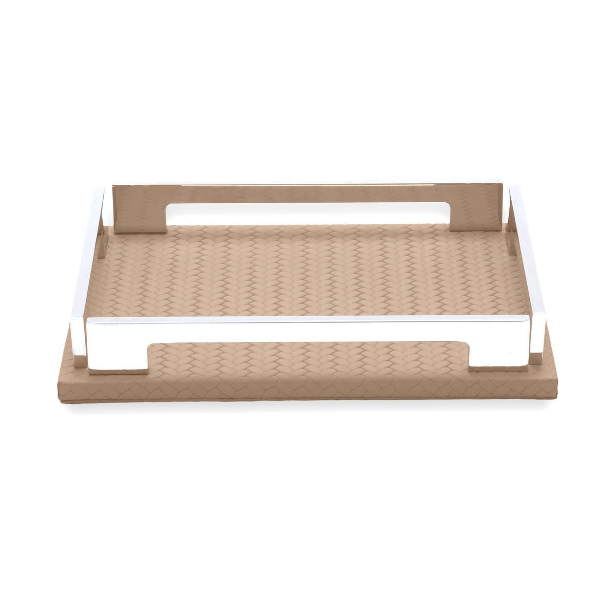 The beige 25 × 19 cm tray complete, handle rails raised above the 1 cm leather base