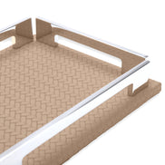 Long steel rail of the beige tray with its side notch, full-grain leather weave receding