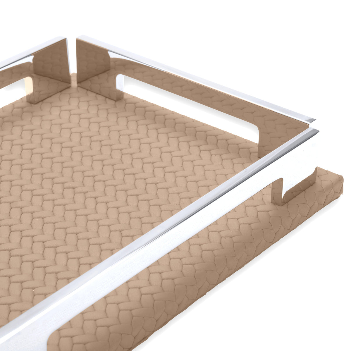 Long steel rail of the beige tray with its side notch, full-grain leather weave receding