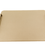 Beige 48 × 36 cm tray lit from above, pale woven-embossed leather between black steel handles