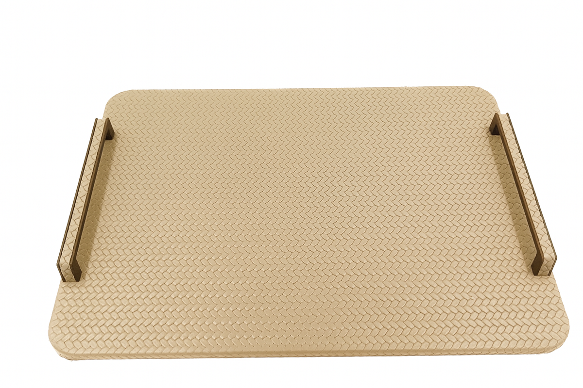 Beige 48 × 36 cm tray lit from above, pale woven-embossed leather between black steel handles