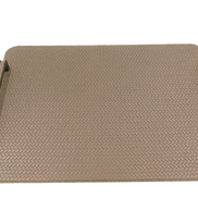 Beige 48 cm tray from a lower angle, warm leather surface and the black handle rails in profile