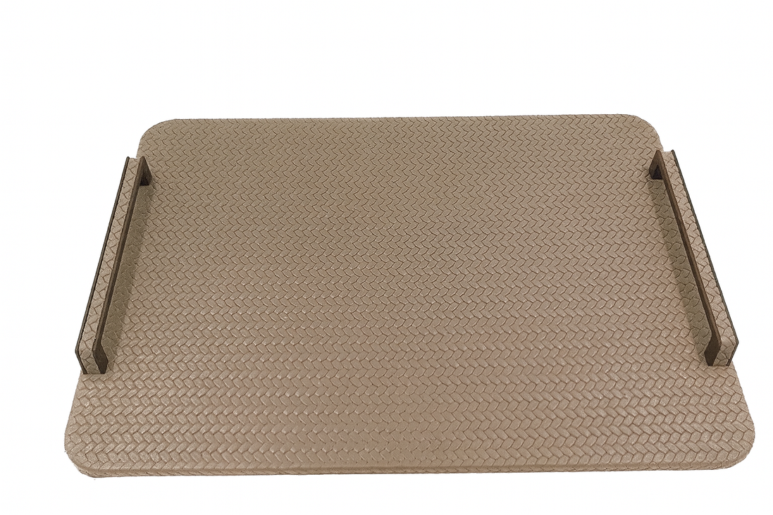 Beige 48 cm tray from a lower angle, warm leather surface and the black handle rails in profile
