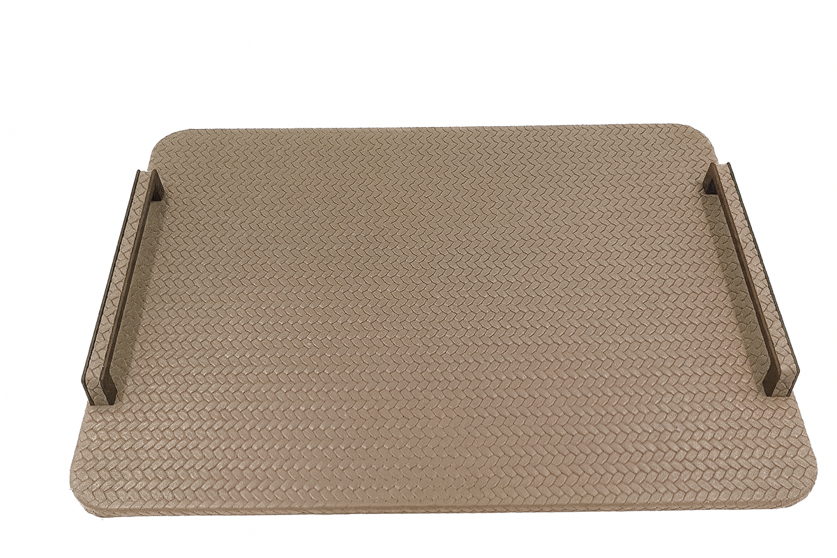 Beige 48 cm tray from a lower angle, warm leather surface and the black handle rails in profile