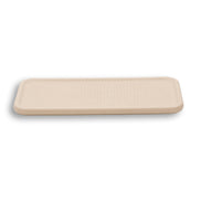 Beige 35.5 × 16.5 cm slim tray seen whole, 1 cm leather-over-steel panel with softened corners