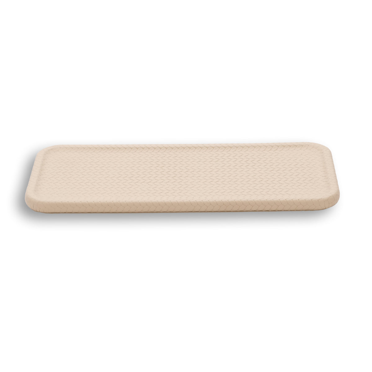 Beige 35.5 × 16.5 cm slim tray seen whole, 1 cm leather-over-steel panel with softened corners