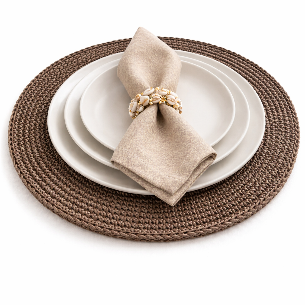 White plates and a linen napkin on the 36 cm placemat, shell ring set on the crocheted border