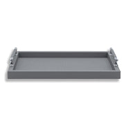 Grey tray seen level, chromed mounts bolted through the wall at both 32 cm ends