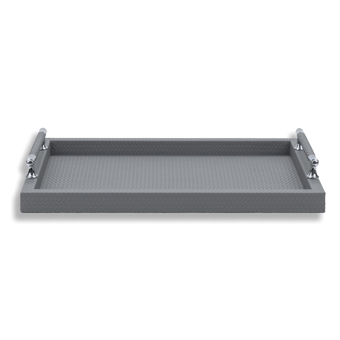 Grey tray seen level, chromed mounts bolted through the wall at both 32 cm ends