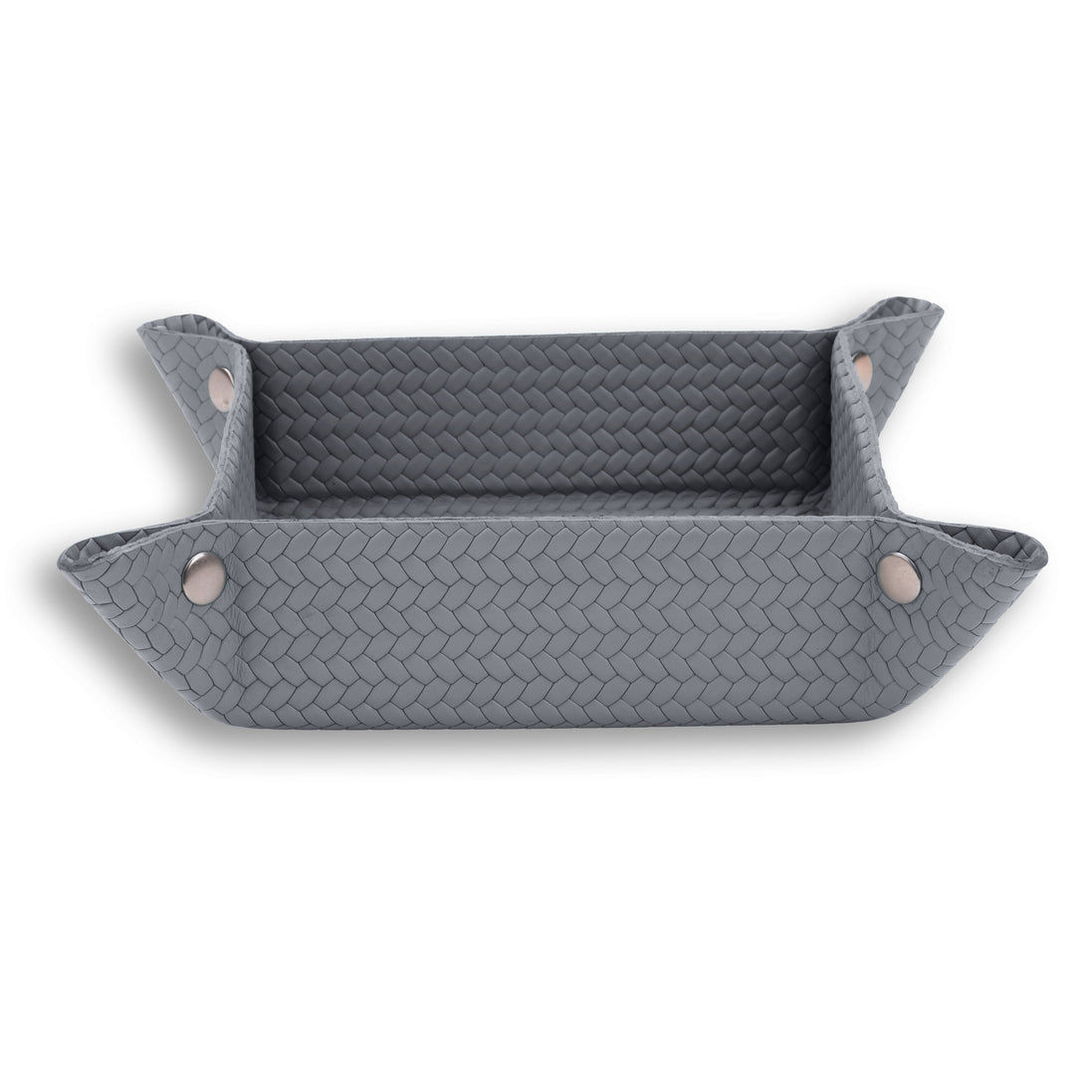 Grey leather tray seen level, the plait coarse on the walls above a finer floor weave
