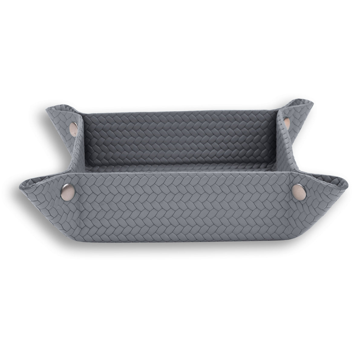 Grey leather tray seen level, the plait coarse on the walls above a finer floor weave