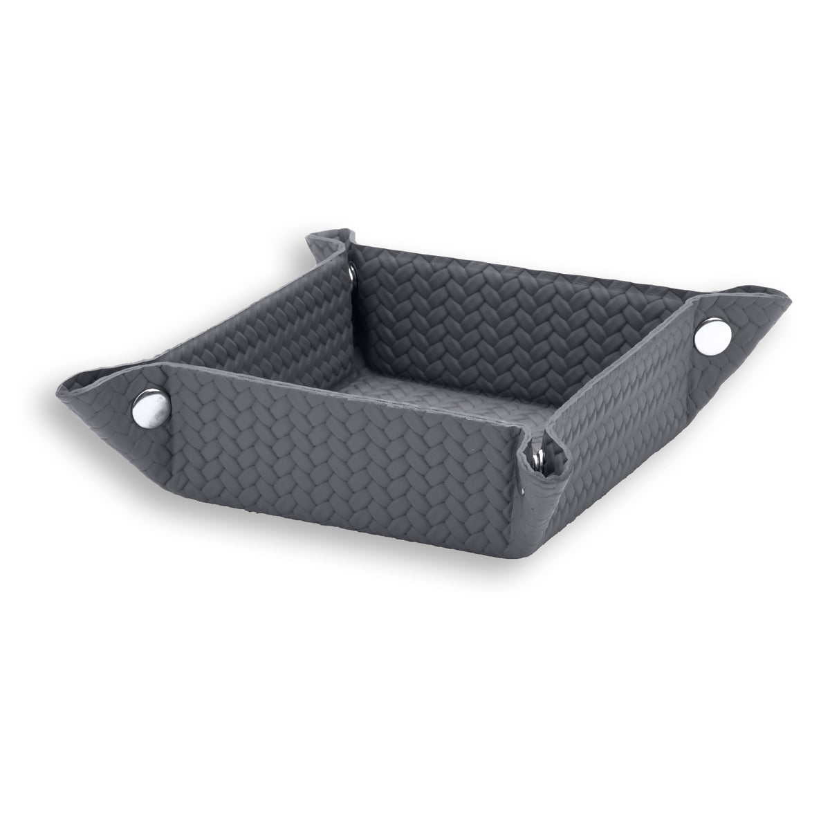 Grey valet tray from above, the studs lifting four flat leather panels into a 6 cm well
