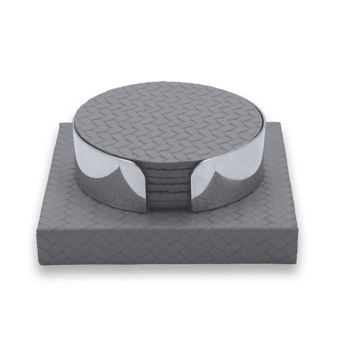 Grey coaster set, the base's woven leather standing wider than the steel-banded stack