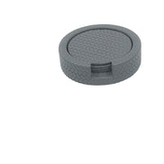 Grey Ø 10 cm coasters stacked in the round woven-leather holder