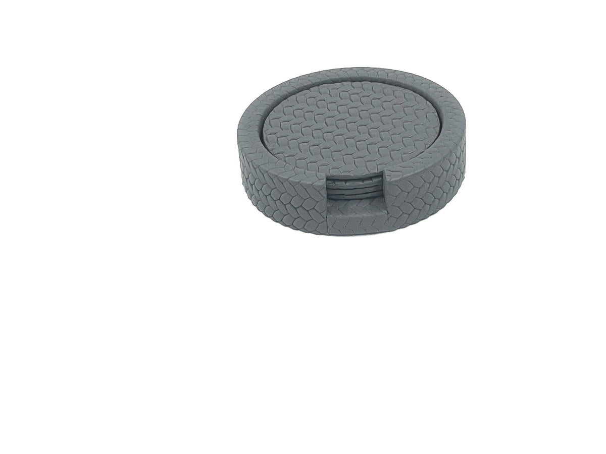 Grey Ø 10 cm coasters stacked in the round woven-leather holder