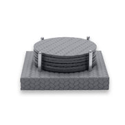 Grey stack of six leather coasters, the polished posts curving in to hold them upright