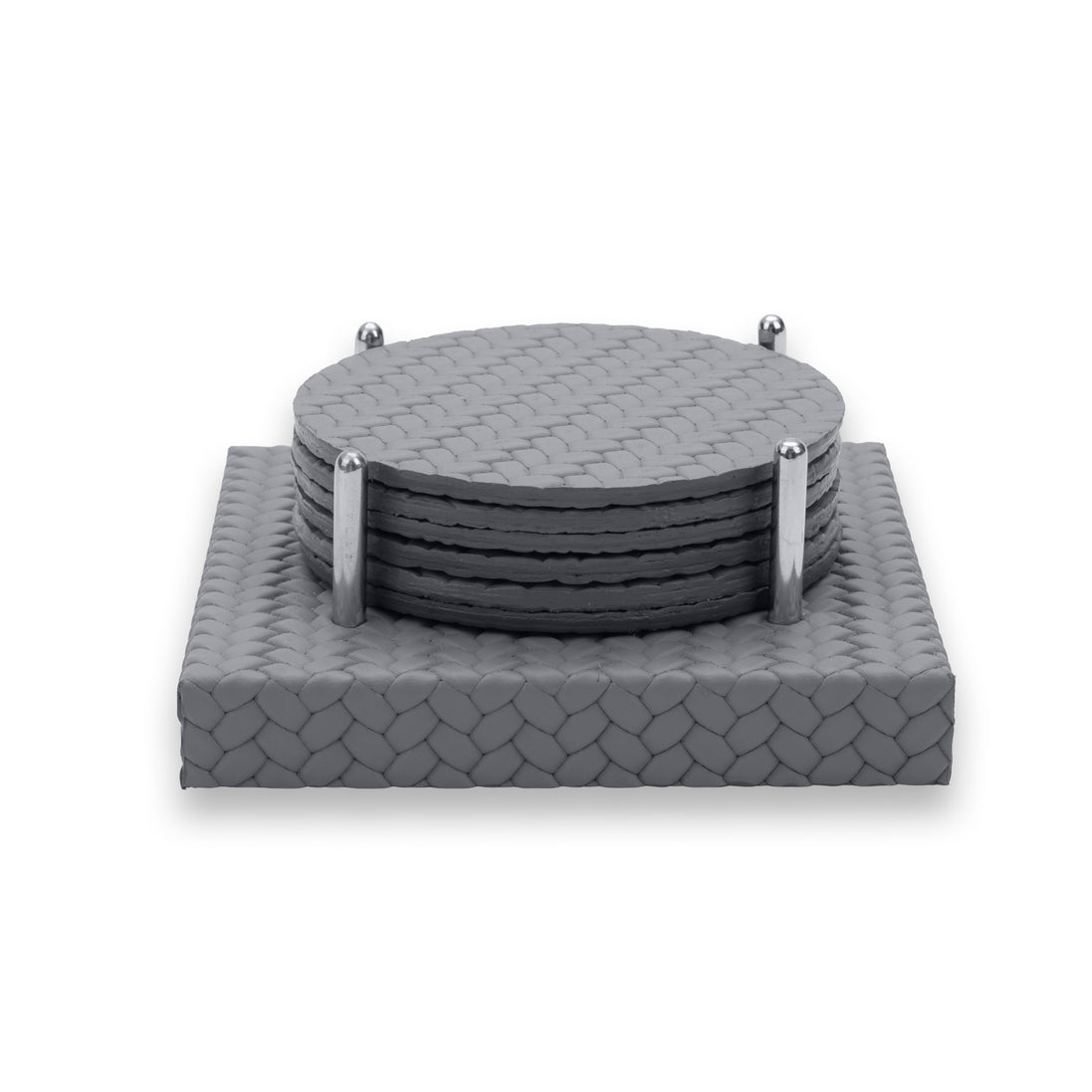 Grey stack of six leather coasters, the polished posts curving in to hold them upright