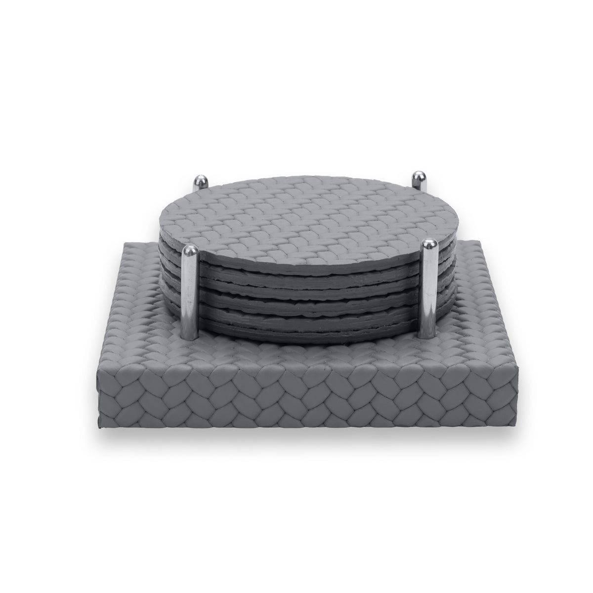 Grey stack of six leather coasters, the polished posts curving in to hold them upright