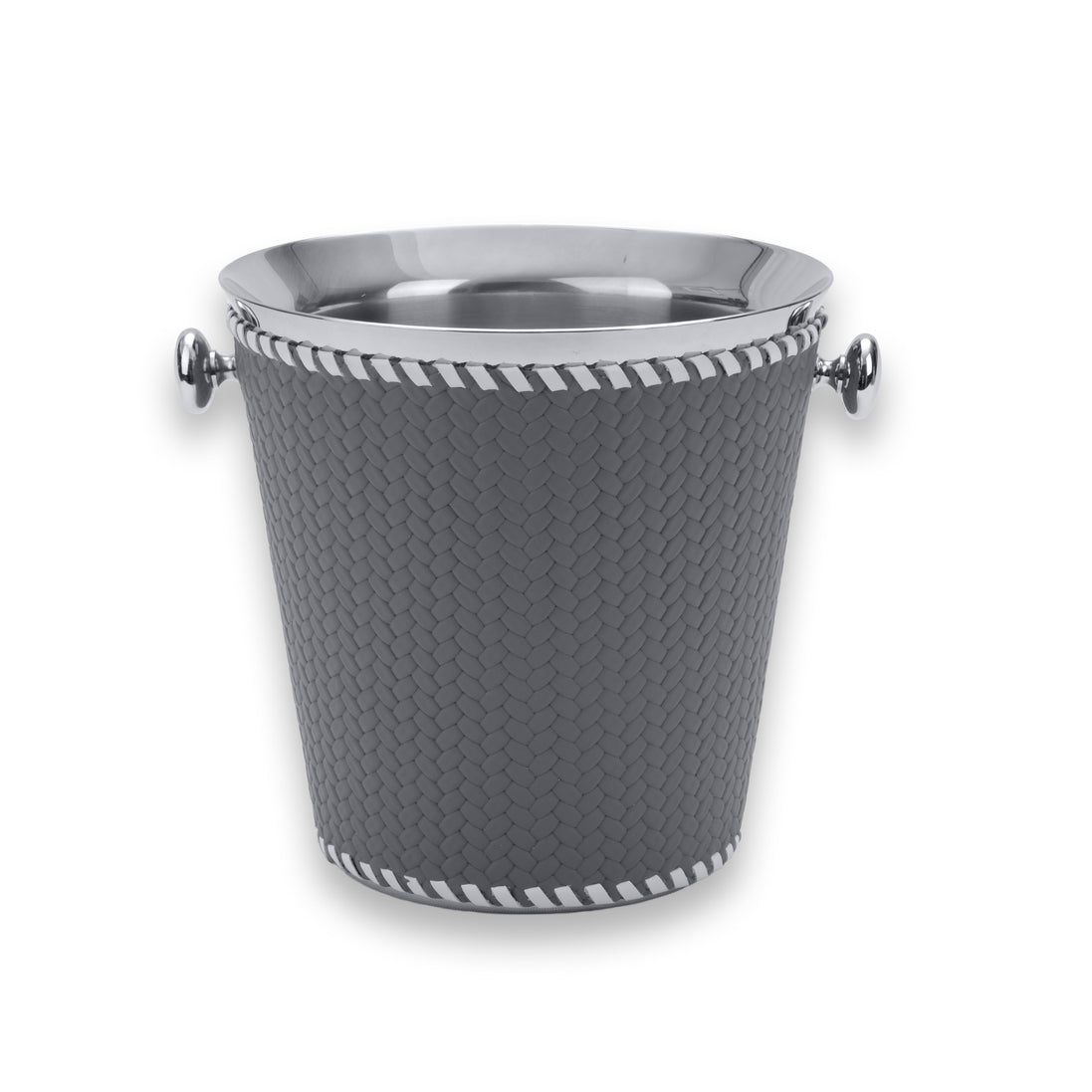 Grey woven leather drawn around the tapered steel body, whipstitched edging picking out the rim line