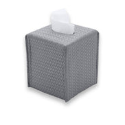 Grey woven-embossed leather 13.5 cm tall, the lid edge casting a shadow line across the front face