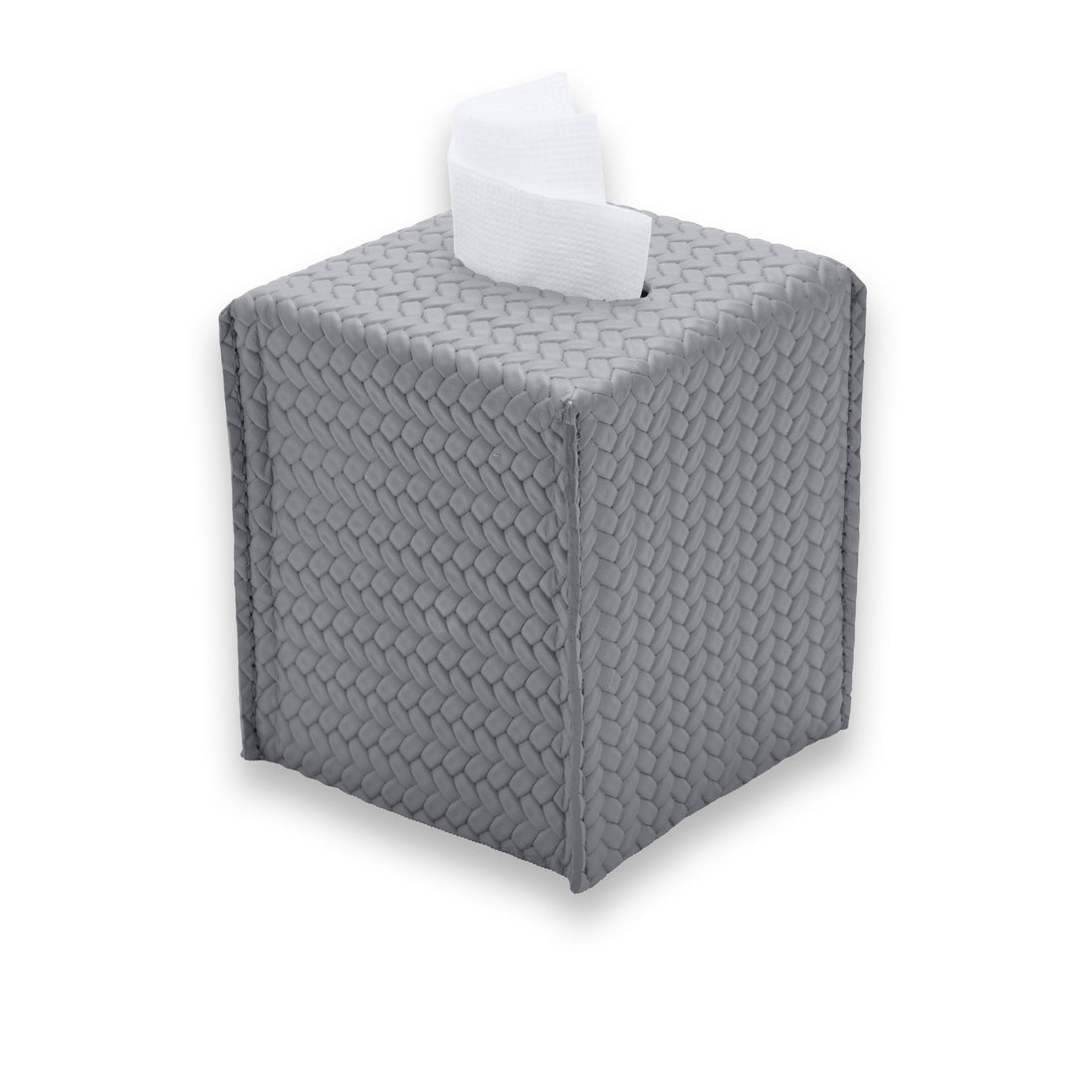 Grey woven-embossed leather 13.5 cm tall, the lid edge casting a shadow line across the front face