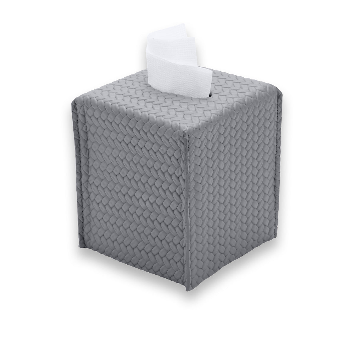 Grey woven-embossed leather 13.5 cm tall, the lid edge casting a shadow line across the front face