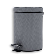 Grey bin from the right, chrome lid hinge arm clear of the 20 cm leather-covered body