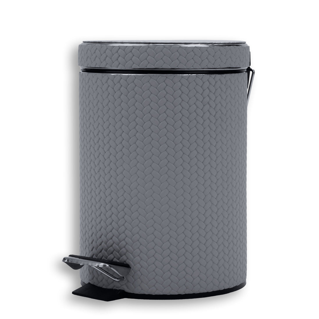 Grey bin from the right, chrome lid hinge arm clear of the 20 cm leather-covered body