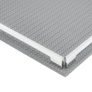 Corner of the grey 37 cm tray close up, woven-embossed full-grain leather at full scale beside the polished rail