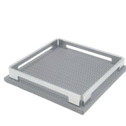 Grey 25 cm tray from the corner, polished brackets standing on the full-grain leather base
